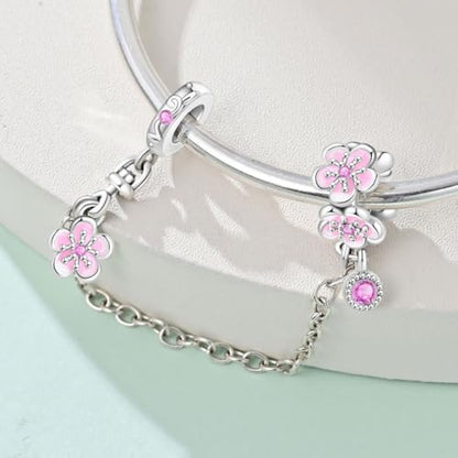 Charm for Bracelets and Necklaces Heart Cat Flower Boy 925 Sterling Silver Bead Birthday Jewelry Gift for Women - color: Cherry Blossom Safety Chain Charm