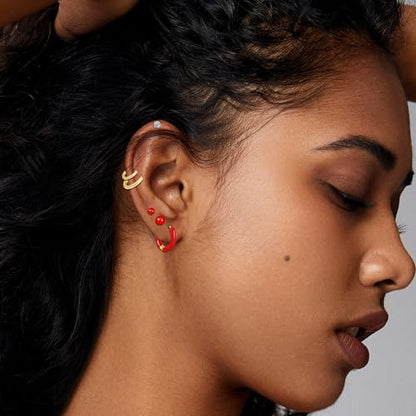 12 Pairs Stud & Hoop Earrings Set for Women 2-5mm Colorful Ball & Cubic Zirconia Stud earrings 8/10/12mm Hoop Earrings Hypoallergenic Stainless Steel Jewelry Gift Collection - color: Red