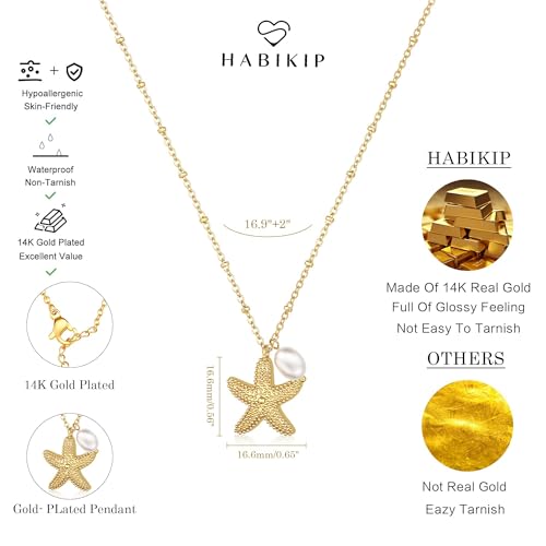 Shell Starfish Charm for Women, Dainty Layered 14K Gold Plated Seashell Conch Starfish Pearl Pendant Necklace for Women Stack Trendy Beach Cuban Link CZ Chain Necklace Summer Vacation Jewelry - color: Starfish Pearl Necklace