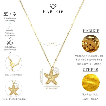 Shell Starfish Charm for Women, Dainty Layered 14K Gold Plated Seashell Conch Starfish Pearl Pendant Necklace for Women Stack Trendy Beach Cuban Link CZ Chain Necklace Summer Vacation Jewelry - color: Starfish Pearl Necklace