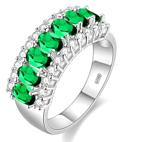 Uloveido Beautiful Women's 7 Stones Wedding Band Oval Cubic Zirconia Engagement Anniversary Rings J501 - color: Platinum-Green