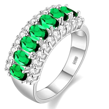 Uloveido Beautiful Women's 7 Stones Wedding Band Oval Cubic Zirconia Engagement Anniversary Rings J501 - color: Platinum-Green