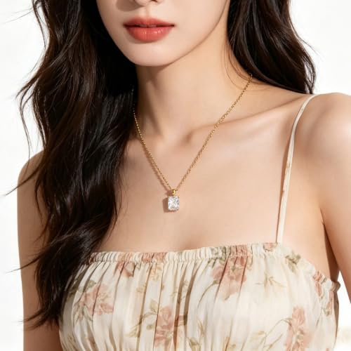 Cubic Zirconia Solitaire Necklace Stainless Steel, Rectangle Color Change Synthetic Alexandrite/Solitaire Necklace Pendant Women - color: Rectangle-Princess cut CZ-G