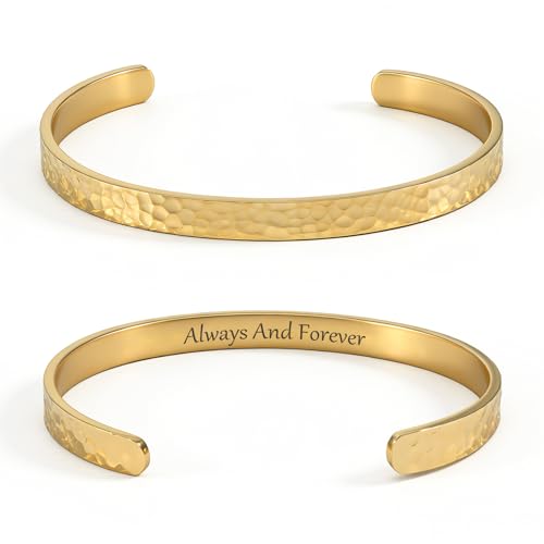 Inspirational Bible Verse Cuff Bracelet for Women, 18K Gold Plated Hammered Bangle, Christian Faith Jewelry Gift, Adjustable Non Tarnish - color: ALWAYS AND FOREVER-Hammered Gold