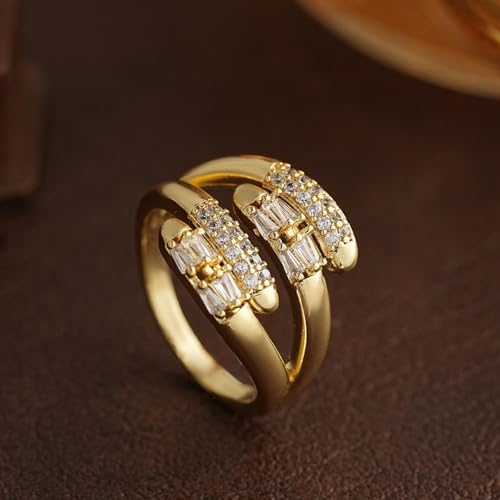 Adjustable 18K Gold Plated Open Bands Engagement Promise Ring for Women,Fashion Wrap Finger Cubic Zirconia Statement Cocktail Jewelry Gift (White) - color: white