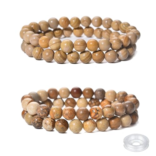 Crystal Beaded Bracelets Set, 4 Piece Gemstone Stretch Bracelets, Rose Quartz, Agate,Jasper, Tiger Eye and Multicolor Glass Beads with String - style: Type 14(Woodgrain+Picture Jasper)