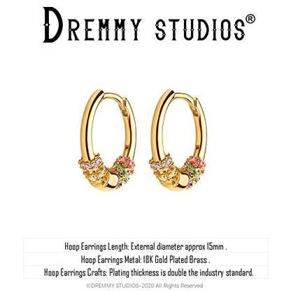 Dremmy Studios Dainty CZ Huggie Hoop Earrings 14K Gold Plated Chunky Simple Cute Thick Round Frill Bead Ball Starburst Cuff Earrings Cubic Zirconia Hoop Earrings Minimalist Personalized Gift for Her - color: Rainbow B