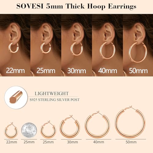 sovesi Chunky Hoop Earrings for Women, 14K Gold Plated Thick Hoops | 5mm Thick Hollow Tube Chunky Lightweight Hypoallergenic Hoop Earrings for Women - style: Rose Gold 22MM