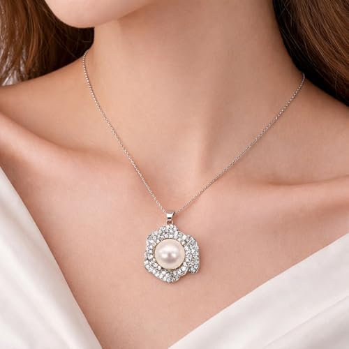 11-12mm White Freshwater Pearl Necklace for Women, Flower Pendant | White Pearl Jewelry Gift for Wife Mom Girlfriend, 16.3"+2" Adjustable Chain，Mother’s Day/Grandma's Gift