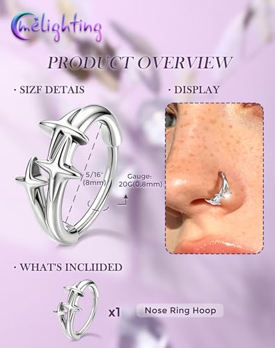 Melighting 20G Gold Nose Ring Hoop Stainless Steel 316L, 8 mm Star Nose Piercing Jewelry Silver Clicker, Beach Party Cartilage Lobe Earring for Daily Wear Women - color: Steel