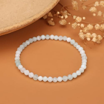 Natural Faceted Crystal Bracelet for Women,4mm Gemstone Round Beads Bracelets Adjustable Stretchy Healing Crystal Beads Bracelets Dainty Jewelry Gift - color: Aquamarine