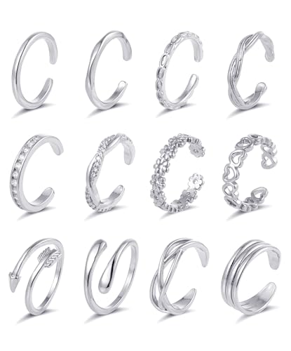 12PCS 18k Gold Plated Open Toe Rings CZ Wave Twist Arrow Celtic Knot Flower Heart Thin Band Ring Minimalist Vintage Retro Knuckle Finger Stacking Tail Ring Pack Summer Beach Foot Jewelry Set For Women Adjustable Gold Sliver Tone - color: B:Sliver
