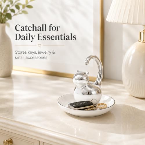 Cat Ring Holder Jewelry Dish–White & Silver Fat Cat Ceramic Trinket Tray,Birthday,Wedding,Graduation Gift for Women & Girls,Rings Earrings Necklaces Bracelets–Vanity,Nightstand,Dresser,Bathroom - color: Fat Cat