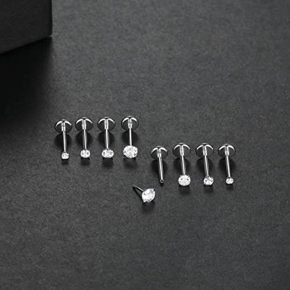 Oveta Threadless Push in Lip Rings 16G/18G/20G Labret Jewelry CZ Lip Studs Stainless Steel Cartilage Earrings for Women Monroe Medusa Piercing Jewelry 6/7/8/10/12mm Bar Length - color: Silver, size: 18G*8mm bar*1.5/2/2.5/3mm cz