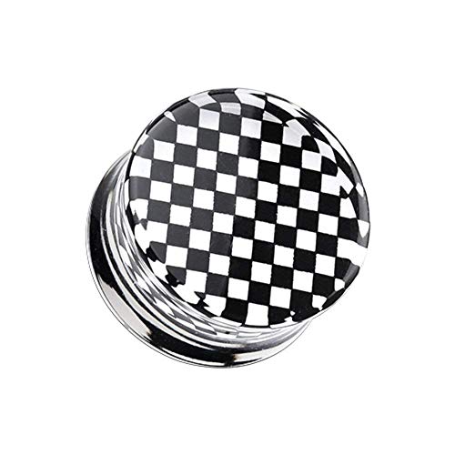 Classic Checker Inlay Double Flared Ear Gauge Plug - style: 7/8" (22mm), Black