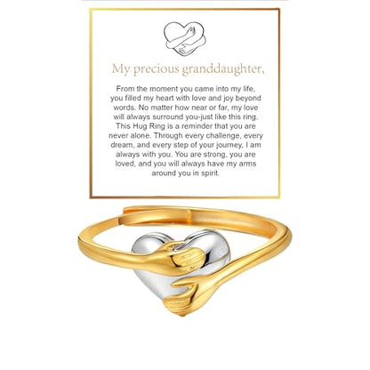Granddaughter Daughter Hug Ring For Hope Rings, Stainless Steel Inspirational Jewelry Engraved Always With You Love You Forever Message Adjustable Non Tarnish Jewelry Birthday Gift Card - color: Hug Gold Silver Heart