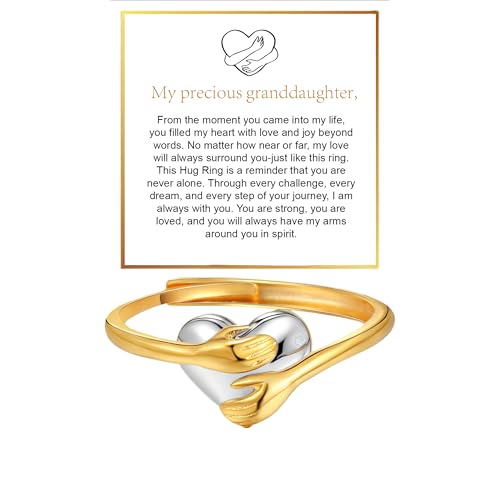 Granddaughter Daughter Hug Ring For Hope Rings, Stainless Steel Inspirational Jewelry Engraved Always With You Love You Forever Message Adjustable Non Tarnish Jewelry Birthday Gift Card - color: Hug Gold Silver Heart