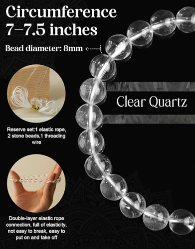 Natural Stone Beaded Bracelets for Men Women, 4mm 6mm 8mm | Healing Crystal, Protection Gemstone, Gift Packaging with Energy Card, Stretch Jewelry, Replacement Beads Included, 18 Stone - color: Clear Quartz(King of Crystals), size: 8mm