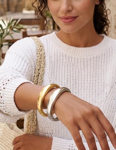 Chunky Gold Bangle Bracelets for Women, Dainty 14k Gold Plated Big Stackable Bangles Set, Trendy Statement Cuff Bracelet Stack Fashion Jewelry Gifts - style: 2 Silver & gold bangles