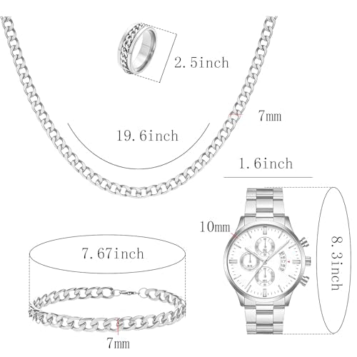 NEWITIN 4 Pieces Black Jewelry Set for Men Stainless Steel Watch Necklace Bracelet Ring Fashion Black Wristwatch Cuban Link Chain Cuban Jewelry Set for Men - color: Silver