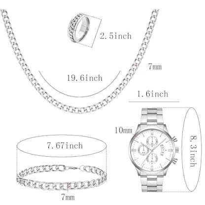 NEWITIN 4 Pieces Black Jewelry Set for Men Stainless Steel Watch Necklace Bracelet Ring Fashion Black Wristwatch Cuban Link Chain Cuban Jewelry Set for Men - color: Silver