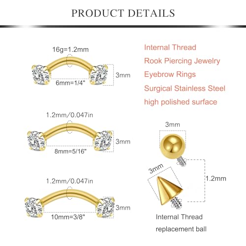 AVYRING 16g Rook Piercing Jewelry Gold Silver Eyebrow Rings Curved Barbell Daith Earrings for Women Horseshoe Septum Hoop Helix Earrings Surgical Steel Belly Button Rings Vertical Labret Lip Jewelry - style: A- Gold -Internal Thread