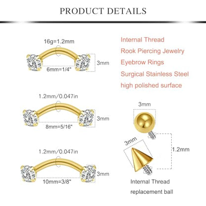 AVYRING 16g Rook Piercing Jewelry Gold Silver Eyebrow Rings Curved Barbell Daith Earrings for Women Horseshoe Septum Hoop Helix Earrings Surgical Steel Belly Button Rings Vertical Labret Lip Jewelry - style: A- Gold -Internal Thread