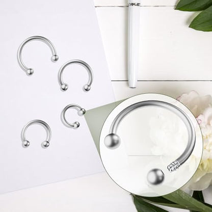 8 PCS 16G Surgical Steel Horseshoe Nose Septum Earrings Eyebrow Lip Retainer Spiral Tragus Puncture Rings 6-12mm for Women Men - color: Silver