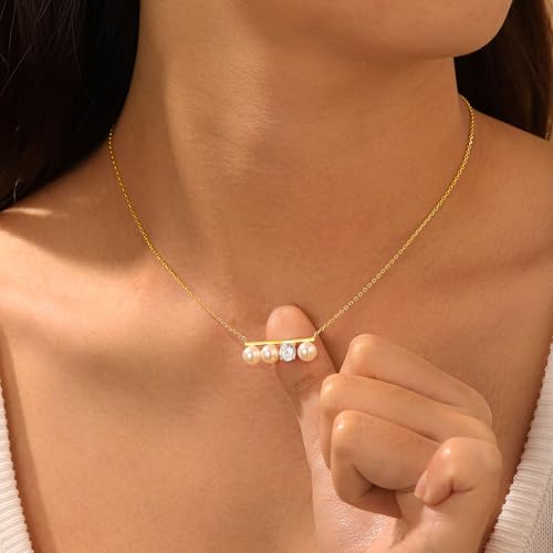 S925 Sterling Silver Dainty Peral Necklaces for Women 18K Gold Plated Pearl Bar Drop Pendant Choker Necklace Y-Shaped Adjustable Chain Hypoallergenic Womens Jewelry Gifts Fashion Accessories - color: Gold-CZ & Bar