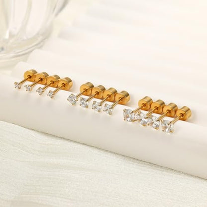 5-6 pairs Push-in Flat Back Stud Earrings Hypoallergenic Surgical Stainless Steel Cubic Zirconia Earrings Studs Set Multi-Pack, CZ Stud Earrings for Women Men Trendy Cartilage Stud Earrings 2-8mm - color: Gold-2/3/4mm(6pairs）