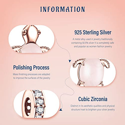 S925 Bead Pendant Charms for Bracelets Necklaces, Compatible with Pandora, Jewelry Making DIY - style: Glass Turtle Charm Rose Gold Plated and Pink