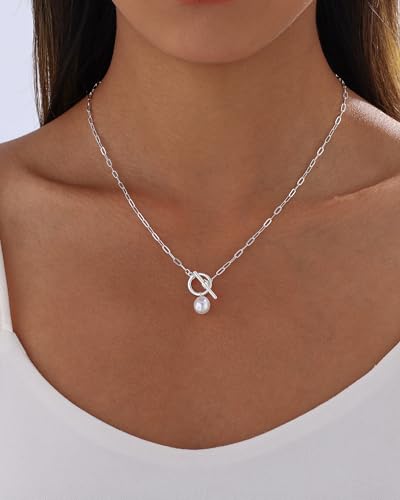 Pearl Necklaces for Women Trendy 14k Gold Plated Cubic Zirconia Pearl Pendant Necklace Valentines Day Wedding Birthday Mother's Day Gifts Dainty Gold Necklace for Women - color: Style 8 - Silver Necklace