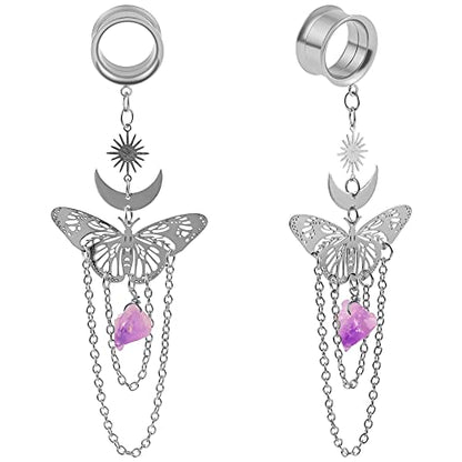DOEARKO 2PCS New Butterfly-Pendant Hypoallergenic Stainless Steel Dangle Ear Plugs Tunnels Ear Gauges Stretcher Pair Selling 2g 0g Piercing Body Jewelry - color: Silver, size: 19mm