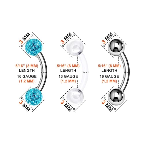 Surgical Steel Curved Barbell Ring 16g 5/16 8mm 3mm Ferido Ball Helix Earring Eyebrow Piercing Jewelry Choose Colors and Size - color: S-6pcs-Aqua-16g-5/16"(8mm)-3mmBall