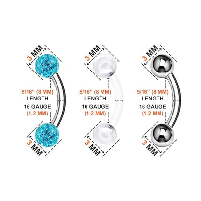 Surgical Steel Curved Barbell Ring 16g 5/16 8mm 3mm Ferido Ball Helix Earring Eyebrow Piercing Jewelry Choose Colors and Size - color: S-6pcs-Aqua-16g-5/16"(8mm)-3mmBall