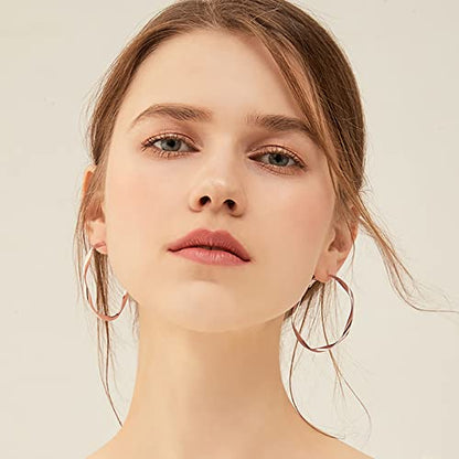 24K Gold Hoop Earrings for Women Trendy Real Gold Plated Twisted Thin Huggie Hoops, Dainty Cute Big Gold Filled Dangle Hoop Earrings Nickel Free Womens Earrings for Sensitive Ears Hypoallergenic - style: Rose Gold 50mm