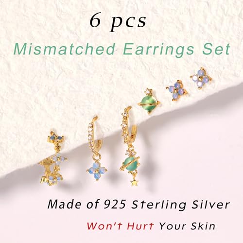 Sterling Silver Earrings Stacks for Women, Hypoallergenic Cartilage Earring | Dainty Stud Huggie Hoop Dangle Chain Earrings, 14K Gold/White Gold Plated - color: 6Pcs Gold Flower(Single Earring Not a Pair)