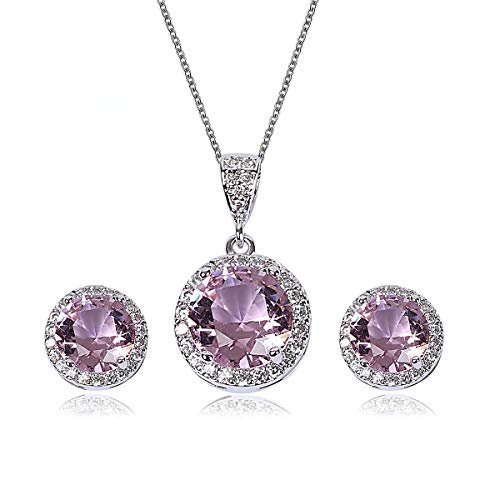 AMYJANE Halo Crystal Jewelry Set - Sterling Silver Round Cubic Zirconia Crystal Bridal Pendant Necklace Earrings Set for Wedding Bride Bridesmaids - color: Pink
