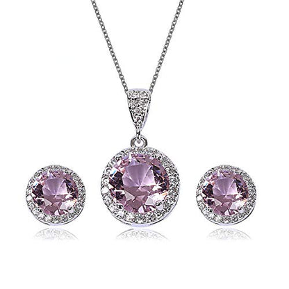 AMYJANE Halo Crystal Jewelry Set - Sterling Silver Round Cubic Zirconia Crystal Bridal Pendant Necklace Earrings Set for Wedding Bride Bridesmaids - color: Pink