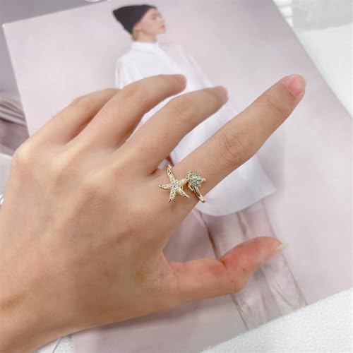 Dainty CZ Starfish Sea Turtle Open Adjustable Fidget Rings for Women Cute Crystal Sea Star Anxiety Spinner Statement Finger Band Rotating Animal Ring Comfort Fit Fashion Jewelry