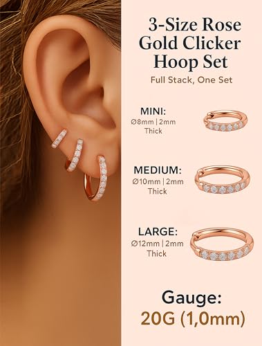 316L Surgical Steel Huggie Hoop Earrings | Dainty Pave Cubic Zirconia Cartilage Tiny Earring for Sensitive Ears Hypoallergenic Lightweight for Women Men - style: Rose Gold Plated,20G*8/10/12mm