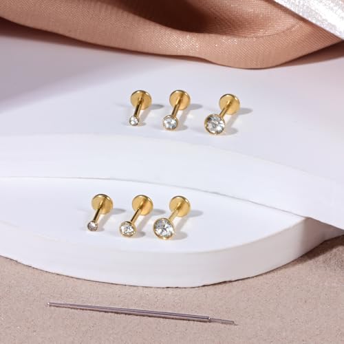 Zolure 18G/20G Flat Back Earrings Stud Threadless Nose Studs Surgical Steel Push in Earrings Tragus Cartilage Labret Helix Lip Conch Medusa Piercing Jewelry - color: 18G Gold #1