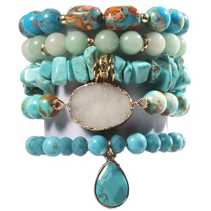 Yomisa 5PCS 6PCS Natural Boho Beaded Bracelets/Bangle for Women Men,Healing Turquoise Jasper Agate Crystal Gemstone Stone Chakra Multilayer Wrap Bohemian Handmade Jewelry Beads Stretch Bracelet Set - color: 5PCS-Turquoise