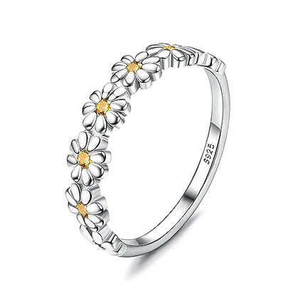 MILACOLATO 925 Sterling Silver Rings for Women Dainty CZ Daisy Flower Ring | 18K White Gold Plated Daisy Promise Ring for Her, Cute Sunflower Wedding Band Statement Engagement Ring, Mothers Jewelry Gift - color: 18K White Gold Plated Daisy Ring - Yellow C