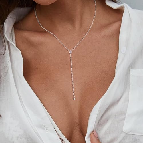 Lariat Necklace for Women, Non Tarnish Dainty Chain Stackable 14K Gold Plated Cute Trendy Layered Necklaces Elegant Jewelry Gift for Women Her - color: Silver, style: SD