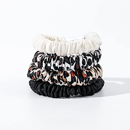 Hair Ties Silk Satin Scrunchies - Small Mini Thin Elestics Ponytail Holder Hair Bands Skinny Scrunchy For Thick Curl Hair No Crease Hair Ties Soft Accessories No Hurt Your Hair for Women and Girls (White Leopard Black) - color: White Leopard Black