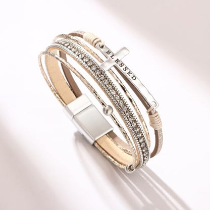 Women's Layered Leather Bracelet, Beige Boho Wrap Cuff with Silver Cross Charm Engraved BLESSED, Rhinestone & Beaded Details, Religious Faith Jewelry Gift for Her