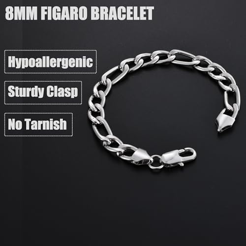 Fiusem Figaro Link Mens Bracelet | 5/7/8mm Stainless Steel Link Chain Bracelets for Men, 6.7"/7.5"/8.3"/9.0" Length - color: 8mm width-steel, size: 7.5 inches