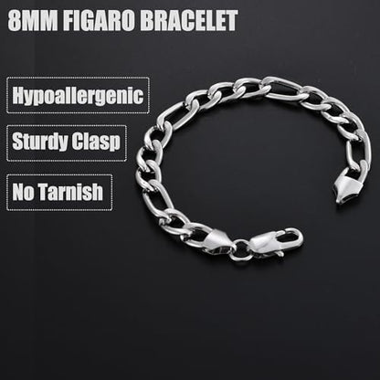 Fiusem Figaro Link Mens Bracelet | 5/7/8mm Stainless Steel Link Chain Bracelets for Men, 6.7"/7.5"/8.3"/9.0" Length - color: 8mm width-steel, size: 7.5 inches
