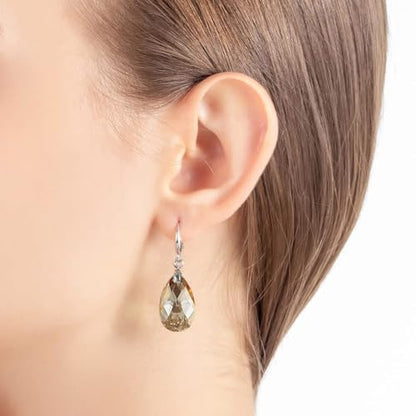 Austrian Crystal Teardrop Dangle Hook Earrings for Women 14K Gold Plated Hypoallergenic Jewelry - color: Light Topaz